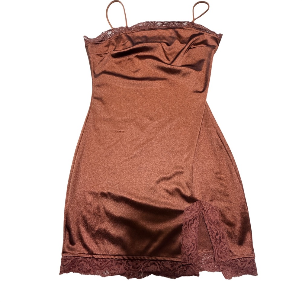 Bush and Stone Lace Trim Satin Mini Dress Women Size M Brown Stretch Coquette
